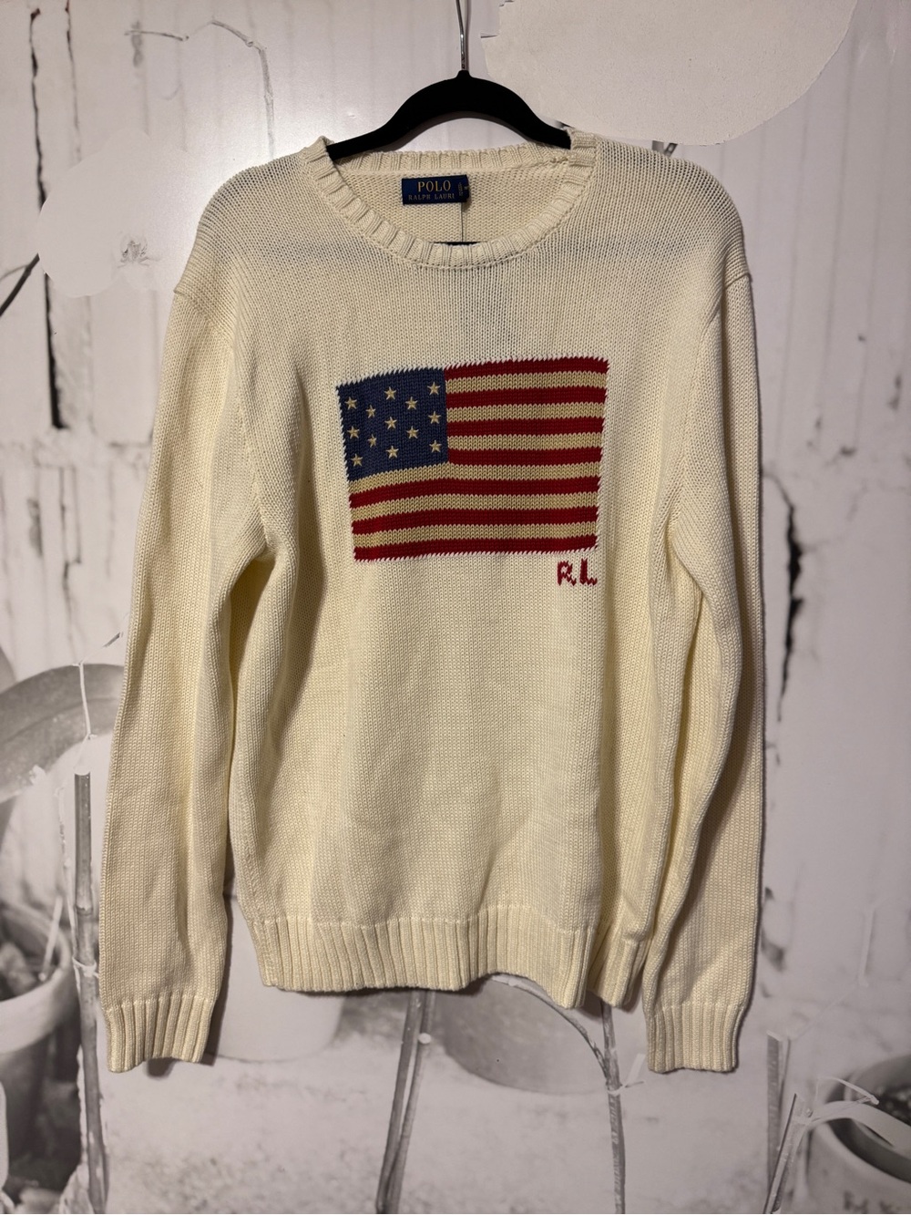 Polo by Ralph Lauren Cream Crewneck Sweater with American Flag Motif